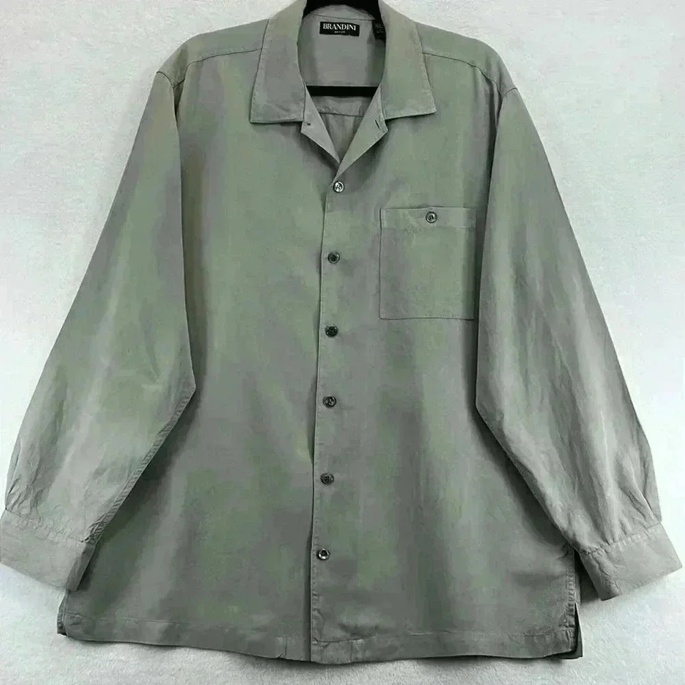 Brandini Men’s 100% Silk Button Down Shirt Size Large Gray Long Sleeve